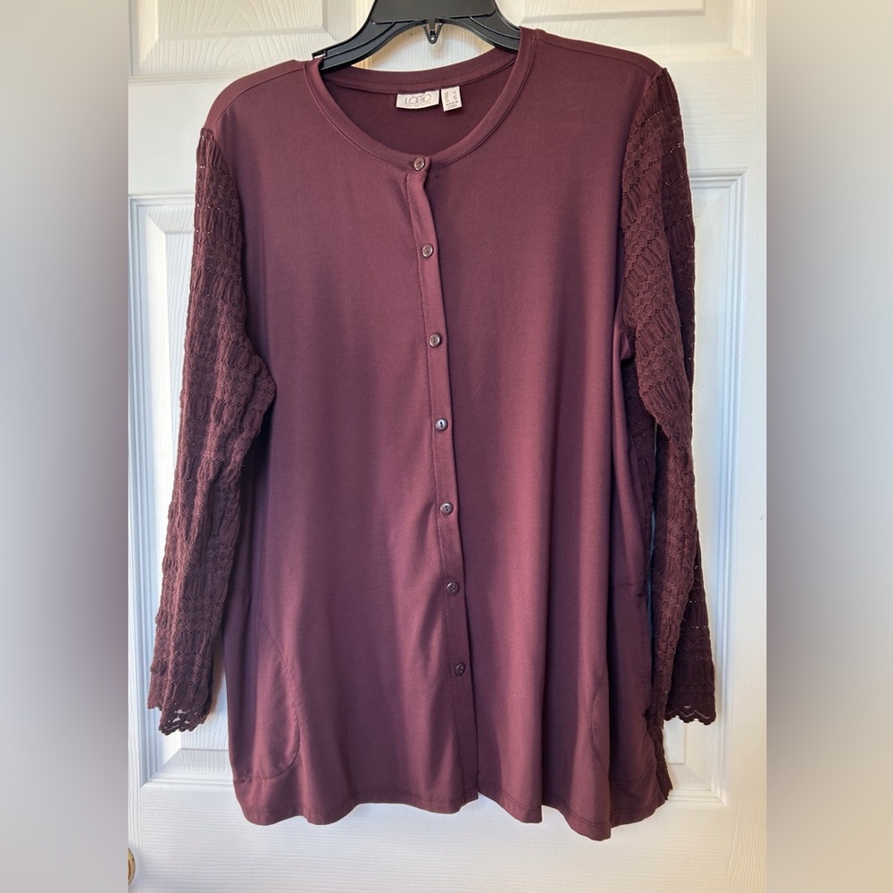 LOGO by Lori Goldstein Cardigan With Lace Sleeves and Back, Size L, Dark Purple